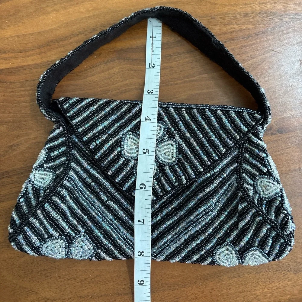S. Malhan Vintage Hand-Beaded Evening Bag | Black & Silver Art Deco Style - Picture 4 of 5